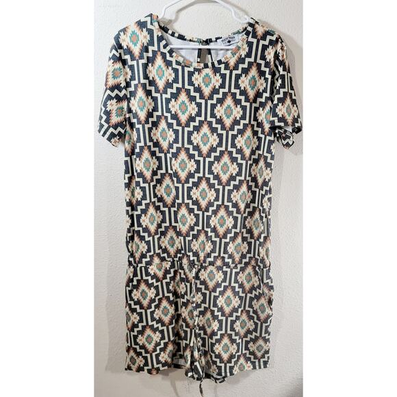 Crazy Train Beige Green Black Aztec Print Romper XL Lightweight Soft Stretch - Picture 7 of 7